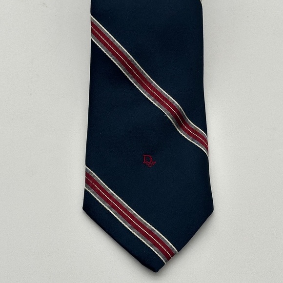VINTAGE Christian Dior Mens Tie Striped Blue Red Gray Logo Embroidered - Picture 1 of 5